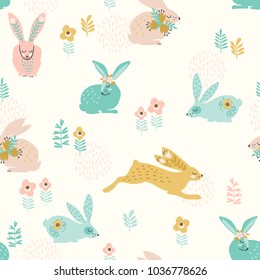 Vector seamless pattern with bunnies for Easter and other users. Design element.