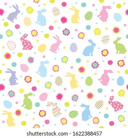 Vector seamless pattern with bunnies and easter painted eggs on white background