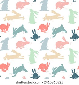 Vector seamless pattern with bunnies. Spring backgrounds. Trendy Easter 2024 design with bunny in pastel colors. 