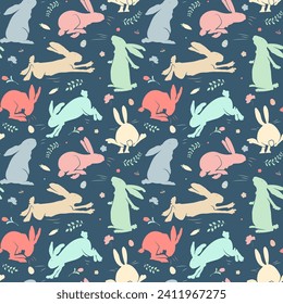 Vector seamless pattern with bunnies. Spring backgrounds. Trendy Easter design with bunny in pastel colors. 