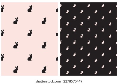 Vector Seamless Pattern with Bunny. Cute Light Pink and Black Bunny isolated on a Black and Pastel Pink Background. Lovely Hand Drawn Nursery Print ideal for Fabric, Textile, Wrapping Paper.