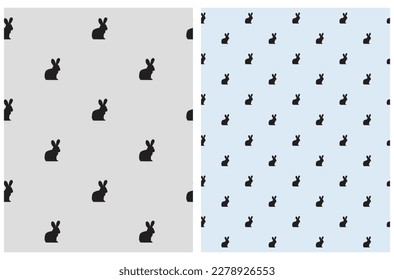 Vector Seamless Pattern with Bunny. Cute Black Sitting Bunny isolated on a Light Gray and Pastel Blue Background. Lovely Hand Drawn Nursery Print ideal for Fabric, Textile, Wrapping Paper.