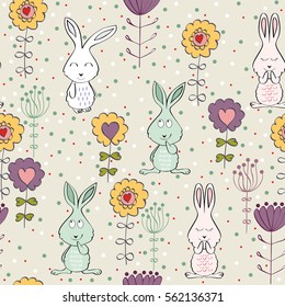 Vector seamless pattern with bunny and flowers.