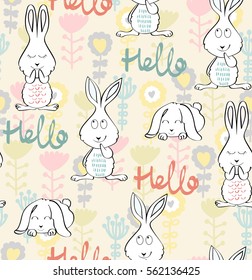 Vector seamless pattern with bunny and flowers.