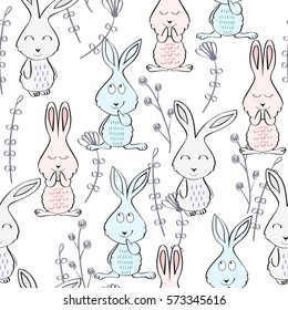 Vector seamless pattern with bunny and flowers