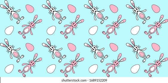 vector seamless pattern, bunny, rabbit illustration, colored outline, easter pattern, with white and pink eggs, and bunnies for flyers, banners, postcards and so on, also for kids, and children