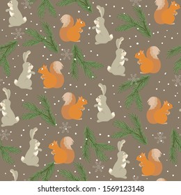 Vector of seamless pattern with bunny, squirrel, fir twigs and snowflakes. Winter forest.Christmas, New Year background.