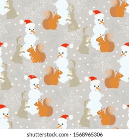 vector of seamless pattern with bunny,squirrel,snowman,fir twigs and snowflakes.Christmas,New Year background
