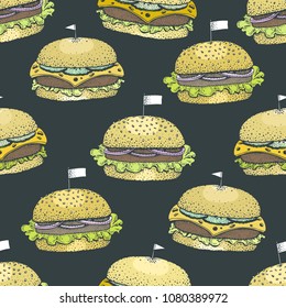 Vector seamless pattern with burgers. Hand drawn vector background. Fast food illustration. Hand drawn image. American food. Can be use for burger restaurant menu design.