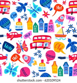 Vector seamless pattern of buses, ships, clouds, air balloons, rockets, colourful houses, flowers and etc.
