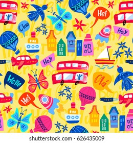 Vector seamless pattern of buses, ships, clouds, air balloons, rockets, colourful houses, flowers and etc.