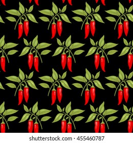 Vector seamless pattern. Bushes of red chili peppers on a black background. 