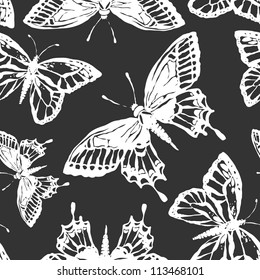 Vector seamless pattern with butterfles in black and white