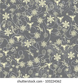 vector seamless pattern with butterflies and abstract flowers and plants. Illustration