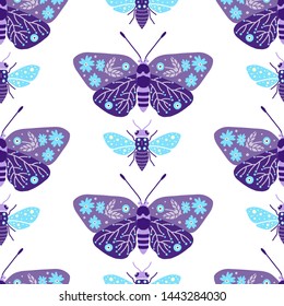 Vector seamless pattern with butterflies and bees on white background