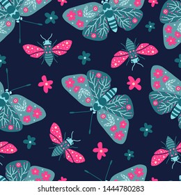 Vector seamless pattern with butterflies and bees on dark background