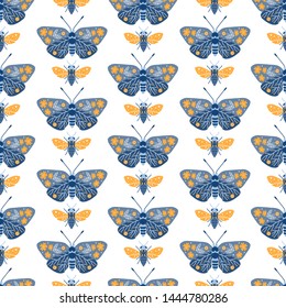 Vector seamless pattern with butterflies and bees on white background