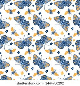 Vector seamless pattern with butterflies and bees on white background