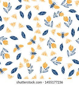 Vector seamless pattern with butterflies and bees, flowers, insects on white background. Scandinavian and Folk art style
