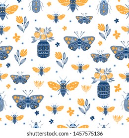 Vector seamless pattern with butterflies and bees, flowers, insects on white background. Scandinavian and Folk art style