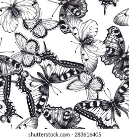 Vector seamless pattern with butterflies. Black and white illustration.