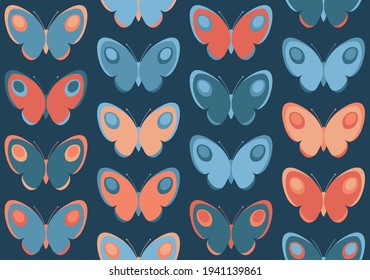 vector seamless pattern of butterflies, in blue and orange colours, main colours blue