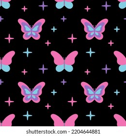 Vector seamless pattern with butterflies in blue and pink colors. Nostalgia for the 2000 years. Y2k style.