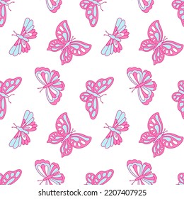 Vector seamless pattern with butterflies шn blue and pink colors. Nostalgia for the 2000 years. Y2k style.