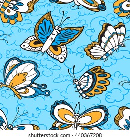 Vector seamless pattern with butterflies characters and clouds in doodle style
