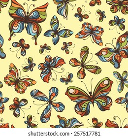 Vector seamless pattern of butterflies. Colourful butterflies on light background. 