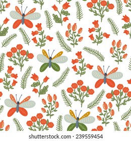 Vector seamless pattern with butterflies and different floral elements: branches, flowers and berries. Natural texture with insects and plant. Hand drawing background.