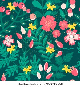Vector seamless pattern with butterflies and different floral elements: berries, branches, flowers and leaves. Vintage natural texture. Vintage effect is on a separate layer.