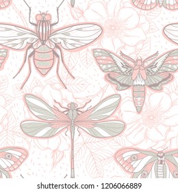 vector  seamless pattern with butterflies and dragonflies on a floral background