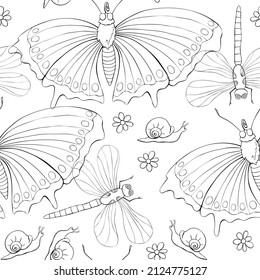 Vector seamless pattern of butterflies, dragonflies, snails and flowers. Doodle style, thin black outline. Flower meadow. Cute texture on theme of nature, spring, summer, children print