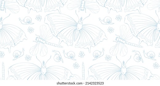 Vector seamless pattern of butterflies, dragonflies, snails and flowers. Doodle style, thin blue outline. Flower meadow. Cute light texture, background on theme of nature, summer, children print