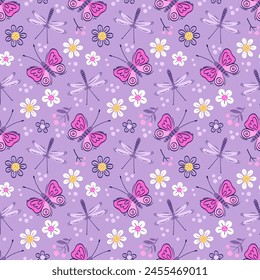 Vector sin costuras patrón de con mariposas y libélulas. Insectos estilizados y flores sobre fondo morado