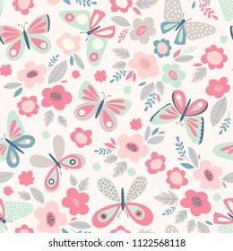 Vector seamless pattern with butterflies and flowers. Floral cute spring background. Retro vintage pastel colors.