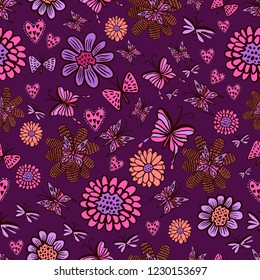 Vector seamless pattern with butterflies, flowers and hearts. Perfectly for wrapping paper, bed linen, textile, fabric, cover, cards, wallpaper, fashion, kids clothing, interior, packaging.