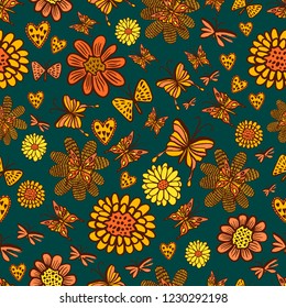 Vector seamless pattern with butterflies, flowers and hearts. Perfectly for wrapping paper, bed linen, textile, fabric, cover, cards, wallpaper, fashion, kids clothing, interior, packaging.