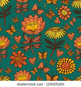 Vector seamless pattern with butterflies, flowers and hearts. Perfectly for wrapping paper, bed linen, textile, fabric, cover, cards, wallpaper, fashion, kids clothing, interior, packaging.