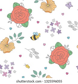Vector seamless pattern with butterflies and flowers. Cute background.