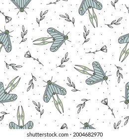 Vector seamless pattern with butterflies, flowers and leaves
