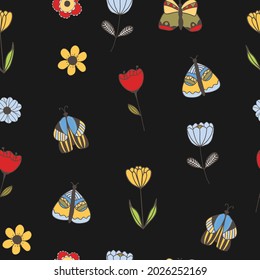 Patrón vectorial sin fisuras con mariposas, flores sobre fondo negro. Papel de pared, decoración, ducha de bebé invitada, tela, lino y textiles, ropa de impresión y pijamas, papel de regalo y envoltorio