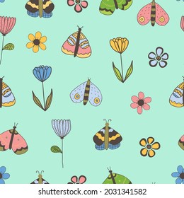 Vector seamless pattern with butterflies, flowers on blue background. For wallpapers, decoration, invitation baby shower, fabric, textile and linen, print clothes and pajamas, gift and wrapping paper