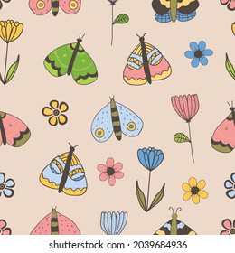 Vector seamless pattern with butterflies, flowers on beige background. For wallpapers, decoration, invitation baby shower, fabric, textile and linen, print clothes and pajamas, gift and wrapping paper