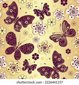 Vector seamless pattern with butterflies and flowers on a golden gradient background