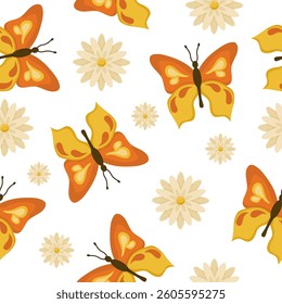 Vector seamless pattern with butterflies and flowers. Spring drawing for packaging, wallpapers and postcards. Botanical illustration with bright insects and plants.