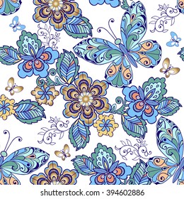 Vector seamless pattern of butterflies and flowers in blue and green colors. Decorative ornament backdrop for fabric, textile, wrapping paper.