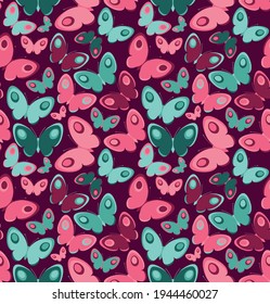 patrón vectorial sin fisuras de mariposas en colores verde y rosa, los colores principales son rosa