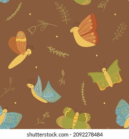 Vector seamless pattern with butterflies. Hand drawn ornament for fabrics, linen, wrapping paper and other surface designs. Tender colors and cute elements for your design